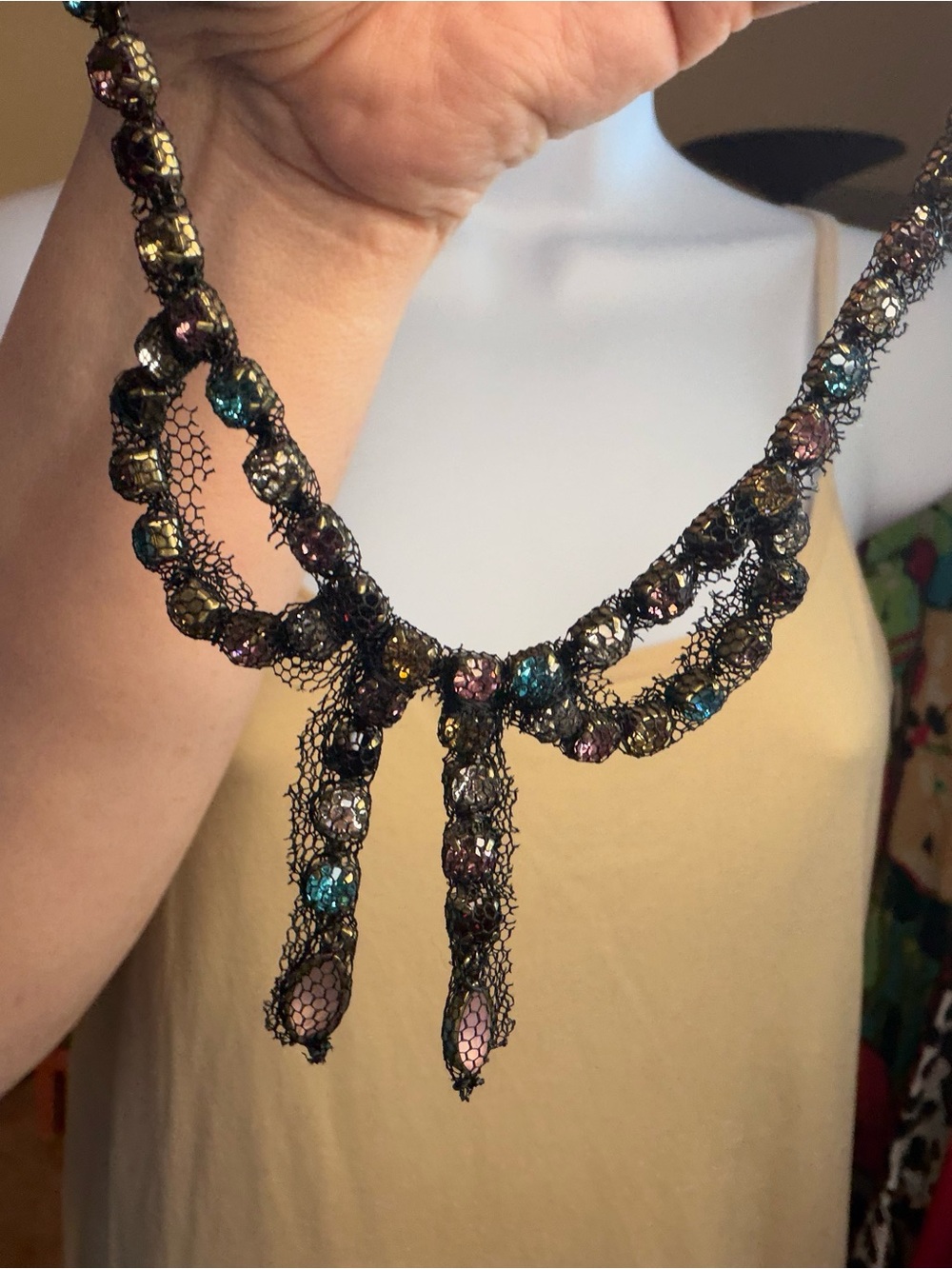 BETSEY JOHNSON Black Mesh Crystal Bow Collar Necklace Multicolor Stones EUC
